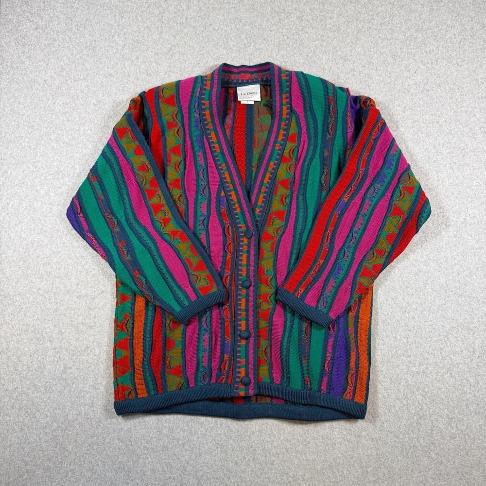 VTG La Dame Cardigan Women L Multicolor 3D Knit Chunky Australia Wool Blend 90s